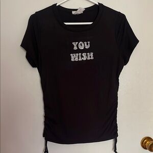 Black Ruched Short Sleeve Tee with Bold Print